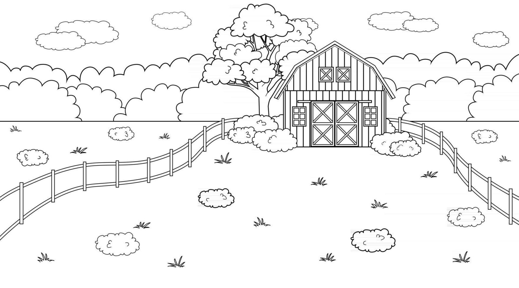 Black white monochrome Summer or spring farm concept in countryside Cartoon  doodle vector cute Red barn fence and clouds field and trees bushes and  plants for animal life background coloring book 2563946