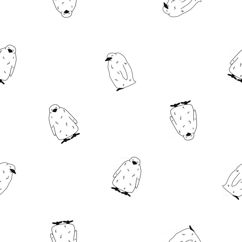 Vector seamless pattern of outline king penguin children chicks Doodle cartoon isolated kid fluffy animals on white background Front and side views