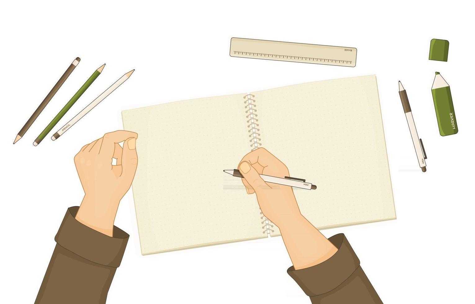Exercise book or notebook for summary notes pen pencil marker ruler are on table Human starts writing something hands are shown White pen is in right hand Elements are isolated white background vector