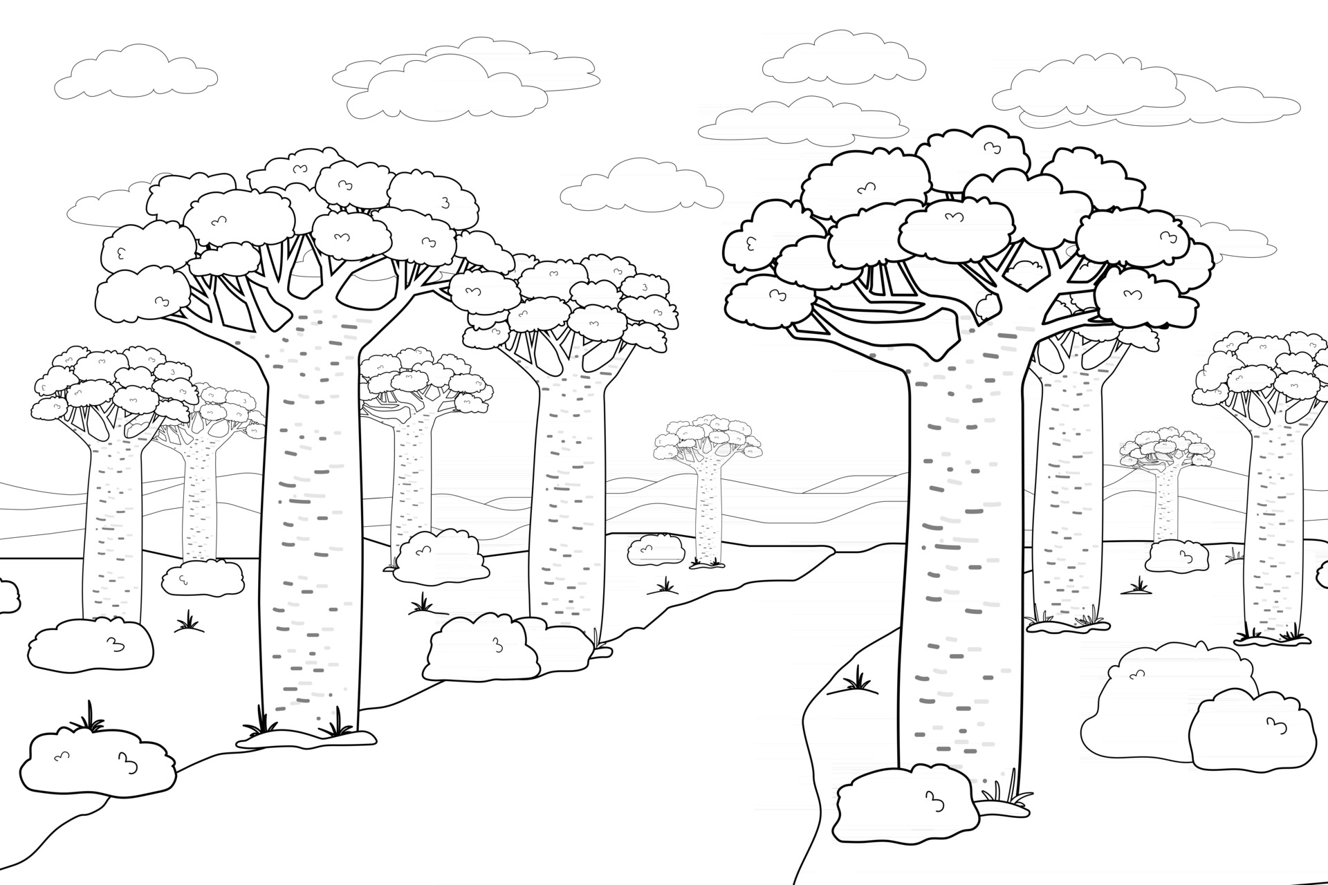 Black white vector outline African Madagascar baobab street or avenue  Doodle cartoon hand drawn landscape illustration of trees sky road African  plants bushes clouds grass for coloring book 2563961 Vector Art at