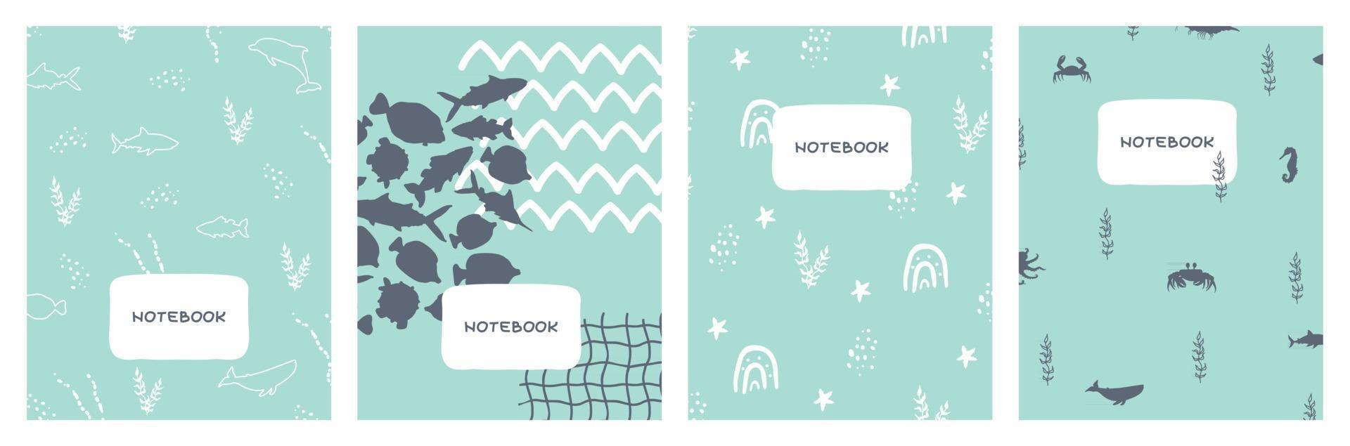 Modern abstract set of blue sea ocean covers designs Cute simple geometric backgrounds vector illustrations for notebooks planners books brochures catalogs