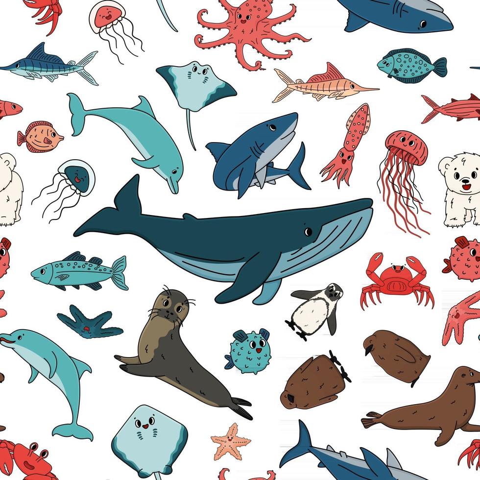 Seamless vector pattern of cartoon outline isolated sea ocean animals Doodle whale dolphin shark stingray jellyfish fish stars crab king Penguin chick octopus fur seal polar bear cub