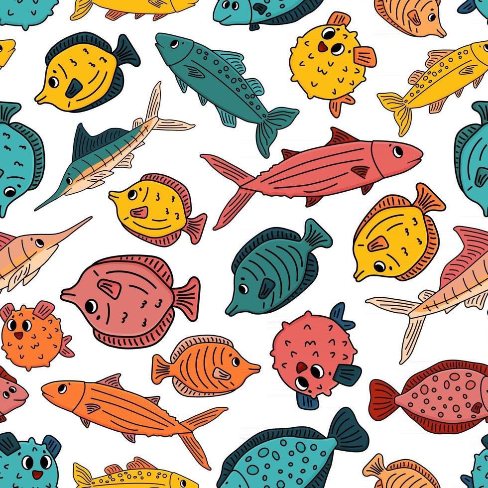 Bright Seamless pattern of Doodle isolated pink yellow blue outline cartoon vector fish tang flounder tuna ocean burrfish sea marlin Illustration on white background for children book or prints