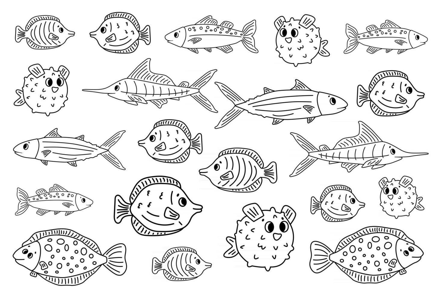 Set of outline white black different cartoon vector underwater fish tang flounder tuna ocean burrfish sea marlin Doodle isolated animals Illustration for children coloring book or prints