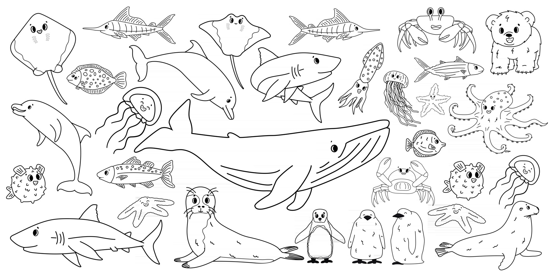 Big set vector cartoon outline isolated sea ocean north animals Doodle