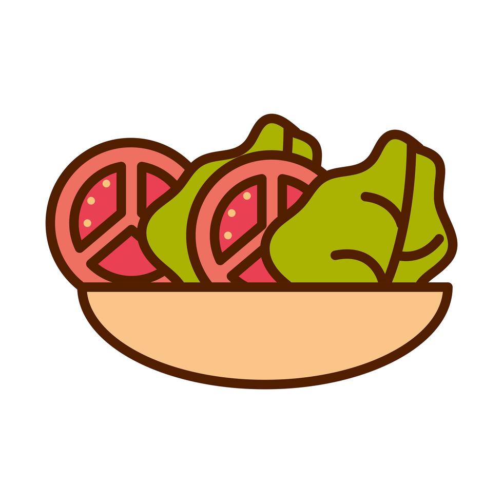 Comida sana, vegetales frescos, ingrediente crudo, tomate, lechuga, ensalada en un tazón, línea e icono de estilo de relleno vector