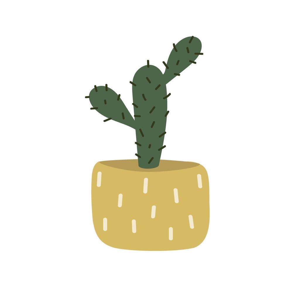 Cactus grows in a pot. Decorative indoor plant with green leaves in a pot. Prickly cartoon cactus isolated on a white background. Home garden. Flat vector illustration. Vector illustration