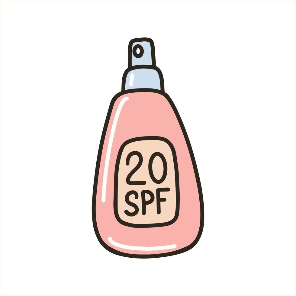 Sunscreen body spray. Packaging of sunscreen. Tanning agent with SPF. Vector illustration in the doodle style