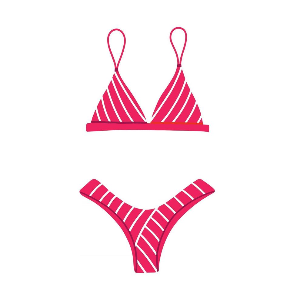 pink two-piece swimsuit with a striped print. Modern fashion stylish bikini swimsuit. Vector Flat Cartoon Illustration. Bathing clothes