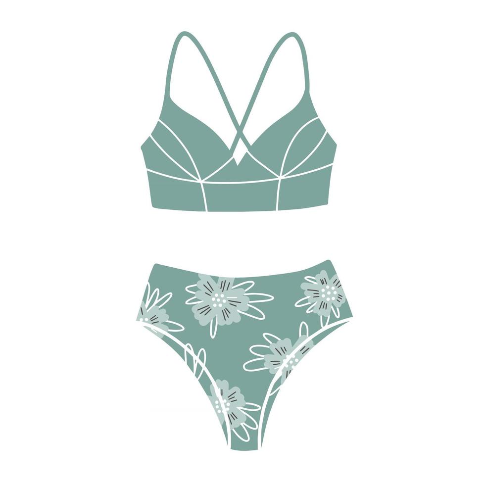 Two-piece swimsuit with floral print. Modern fashion stylish swimsuit. Vector Illustration. Bathing clothes