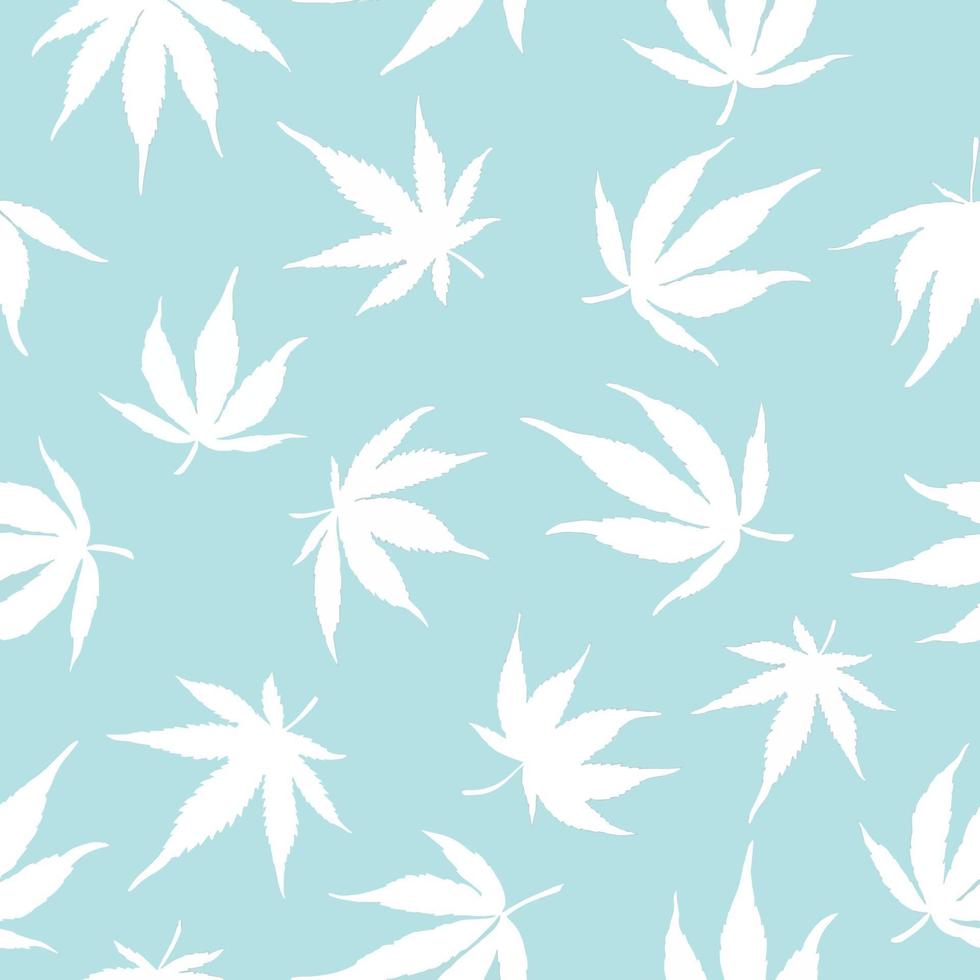 Seamless pattern of cannabis leaves on a blue background. White hemp leaves on a blue background. Vector illustration. Cannabis