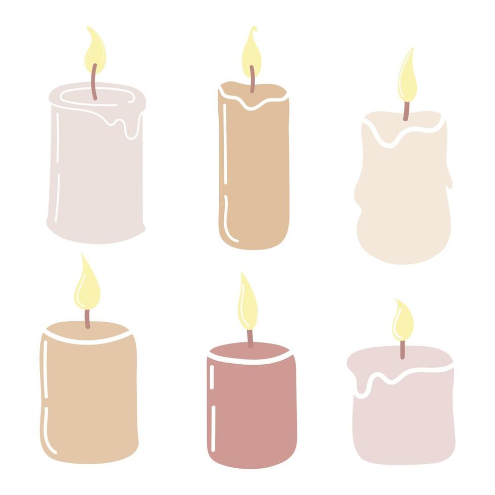 juego de velas aromáticas encendidas. Ilustración de vector dibujado a mano en estilo doodle. diseño para tarjetas navideñas, pegatinas, impresión, navidad, año nuevo