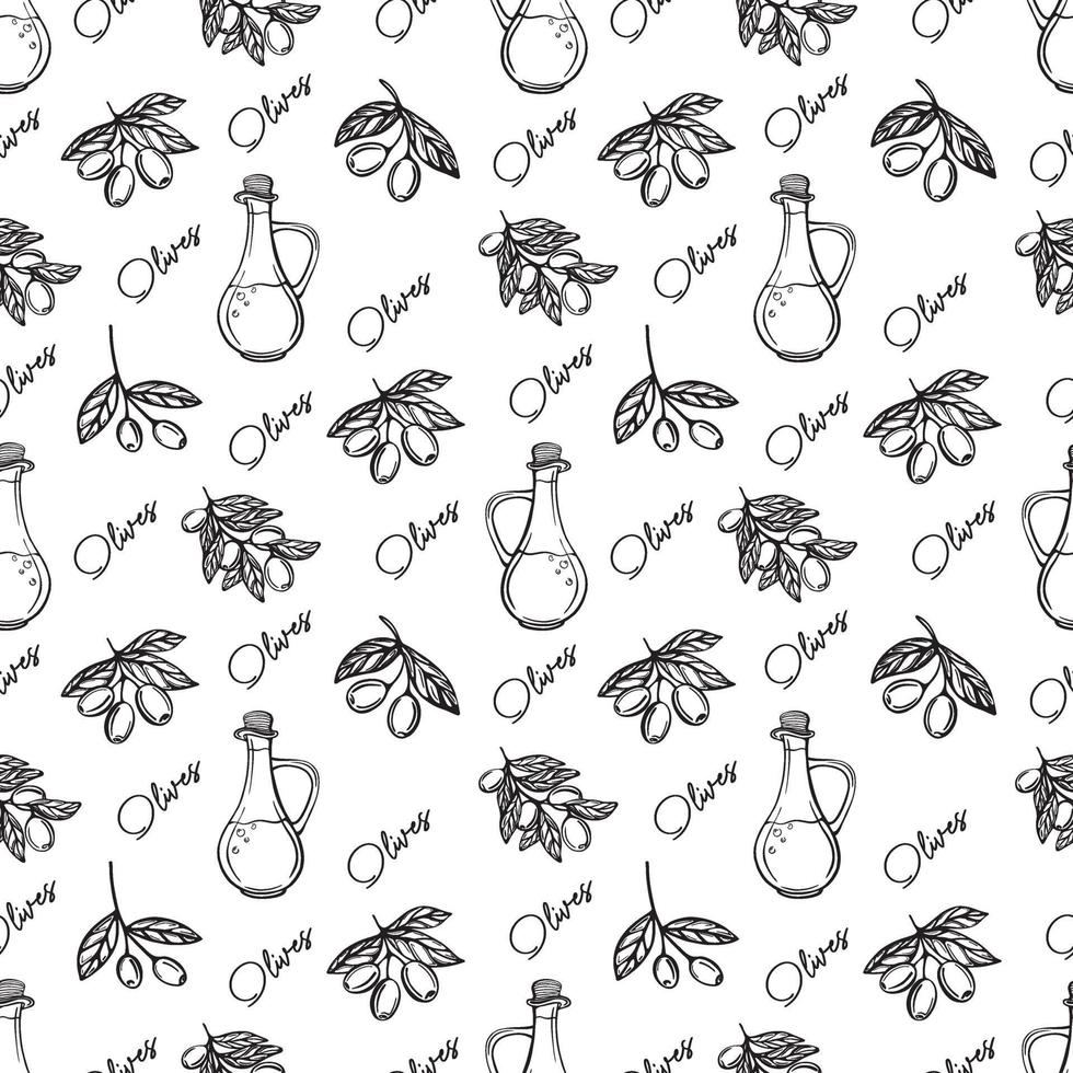 Olive oil seamless pattern. Olive branch pattern. Hand-drawn vector illustration