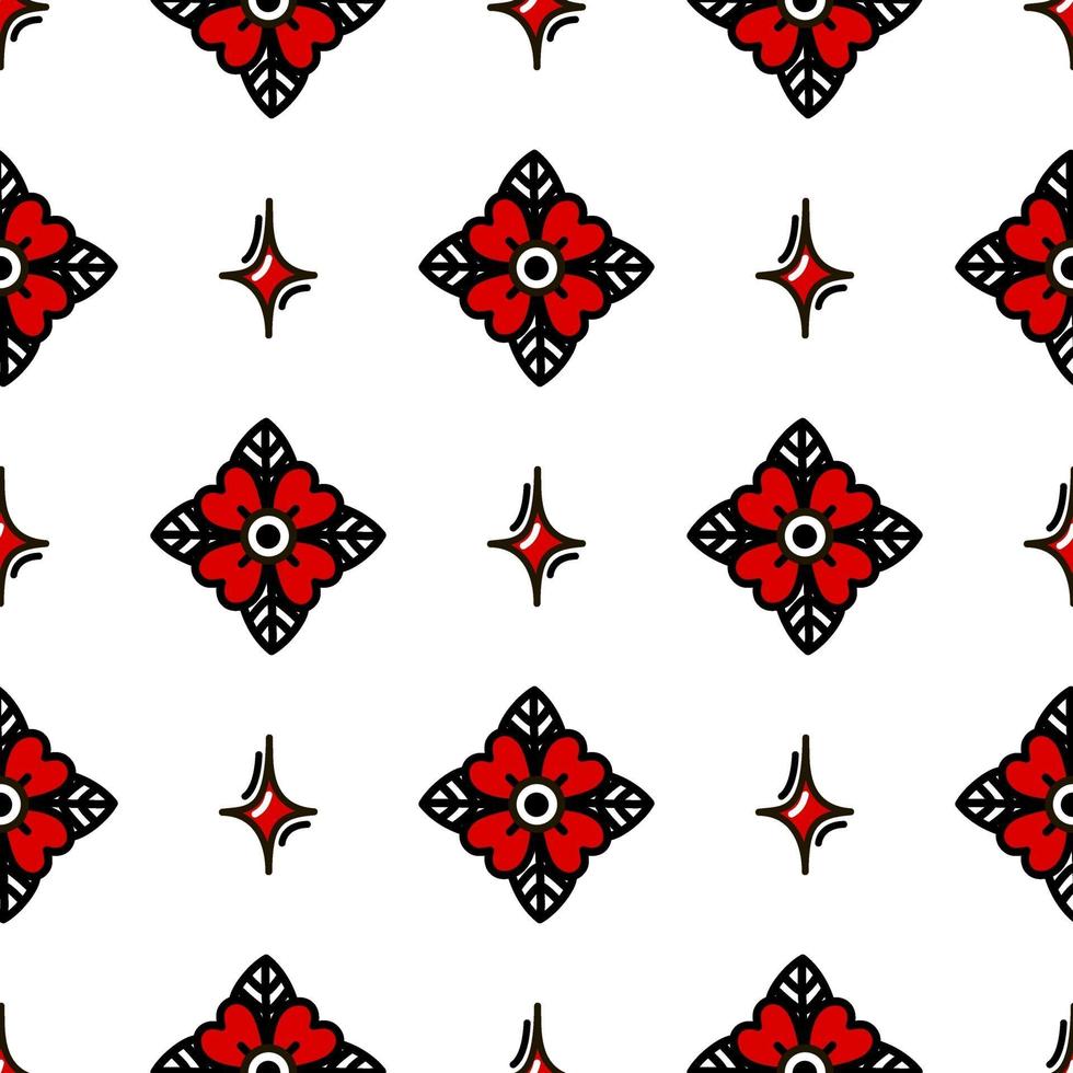 Red flower style old school tattoo seamless pattern. Vector illustration in doodle style. Design for textiles, paper, wrappers