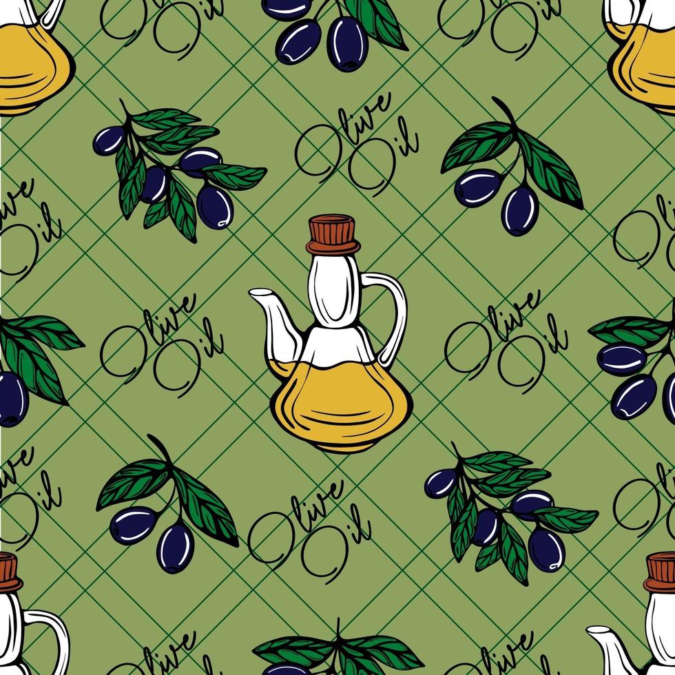 Olive oil seamless pattern. Olive branch pattern. Hand-drawn vector illustration