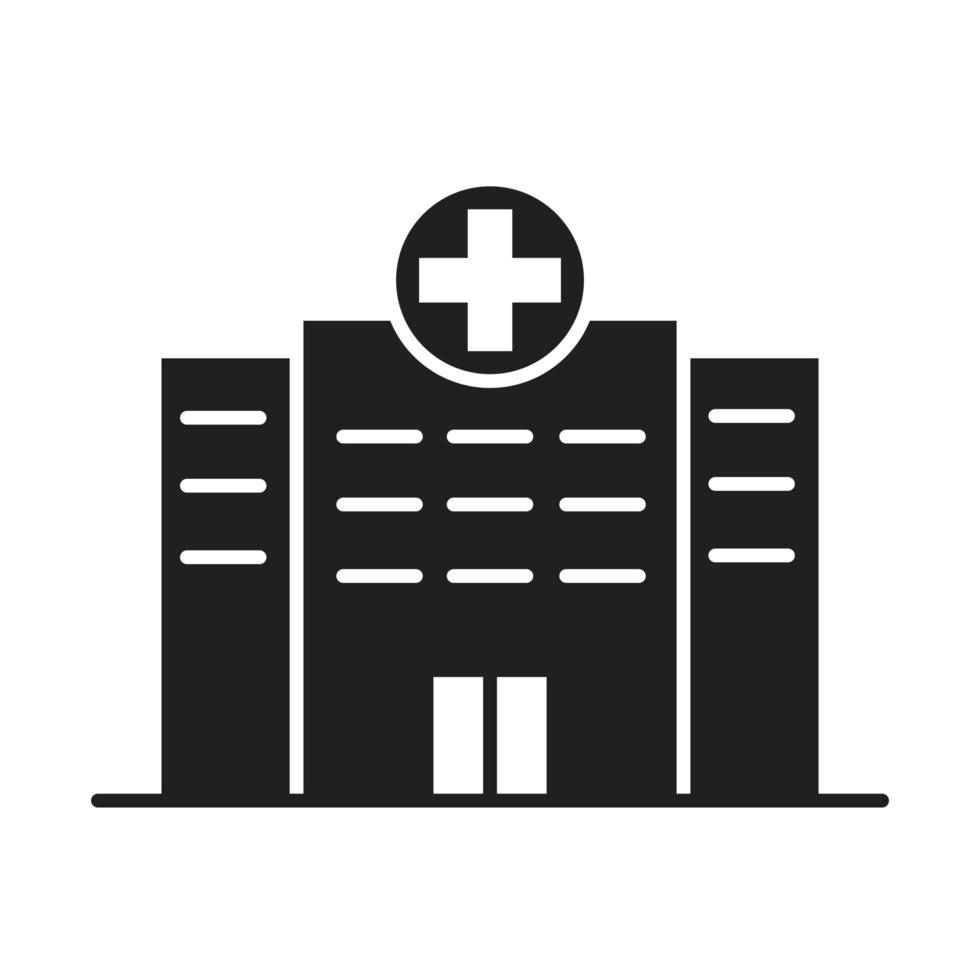 edificio, hospital, salud, médico, pictograma, silueta, estilo, icono vector