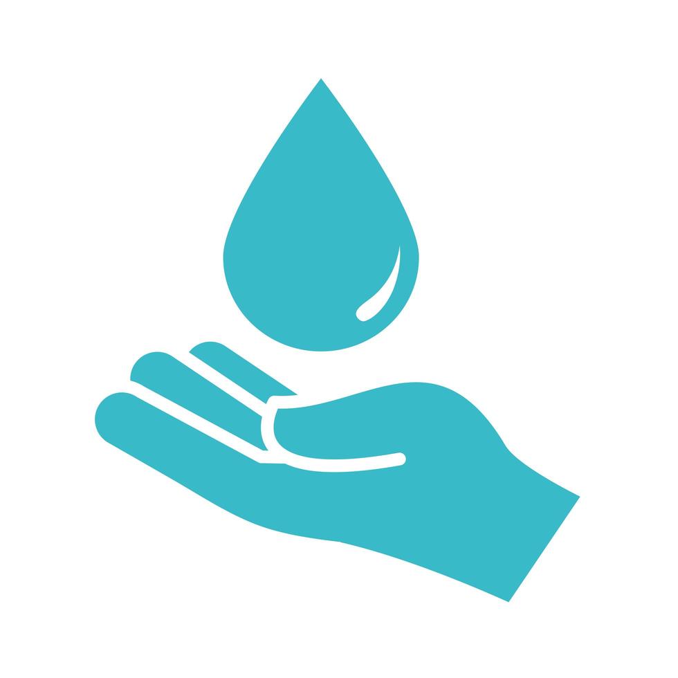 gota de agua en la mano cuidado naturaleza líquido azul silueta estilo icono vector