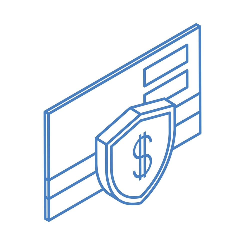 Protección de tarjeta de crédito de banco de moneda en efectivo de dinero isométrico aislado sobre fondo blanco icono azul lineal vector