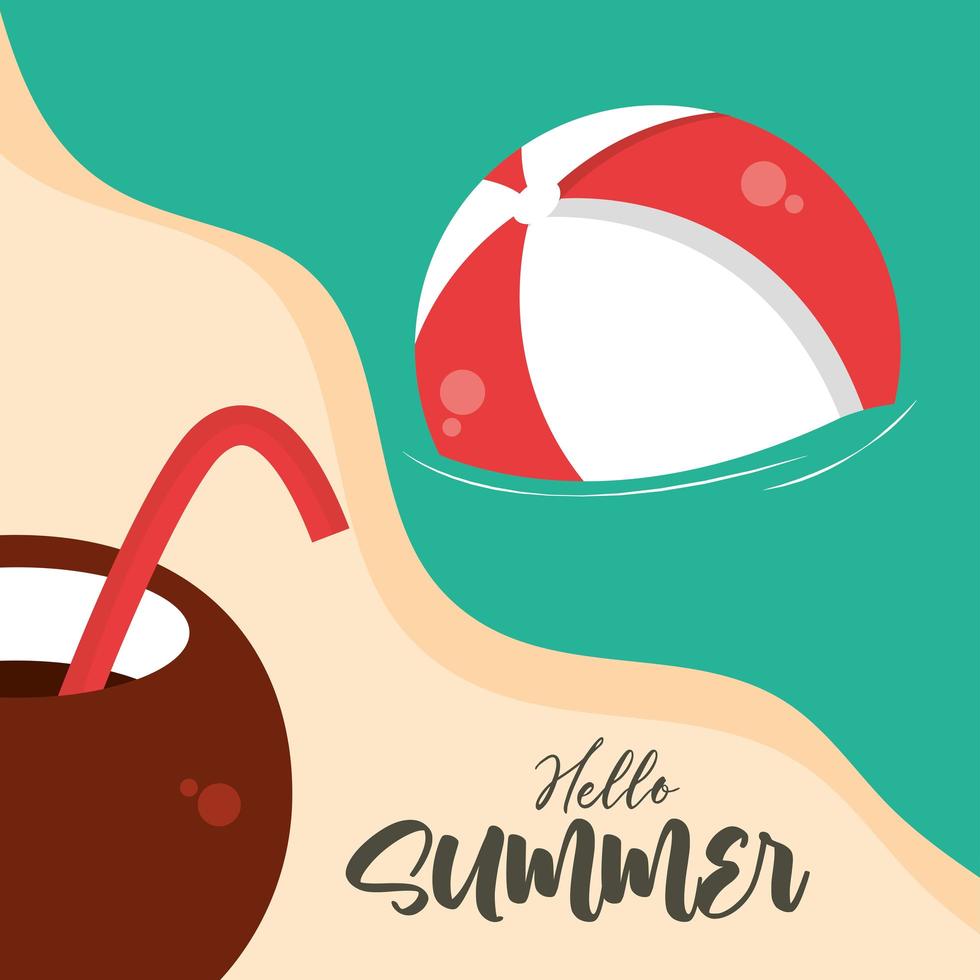 Hola, viajes de verano y temporada de vacaciones, cóctel de coco, pelota de playa en el mar, texto de letras vector