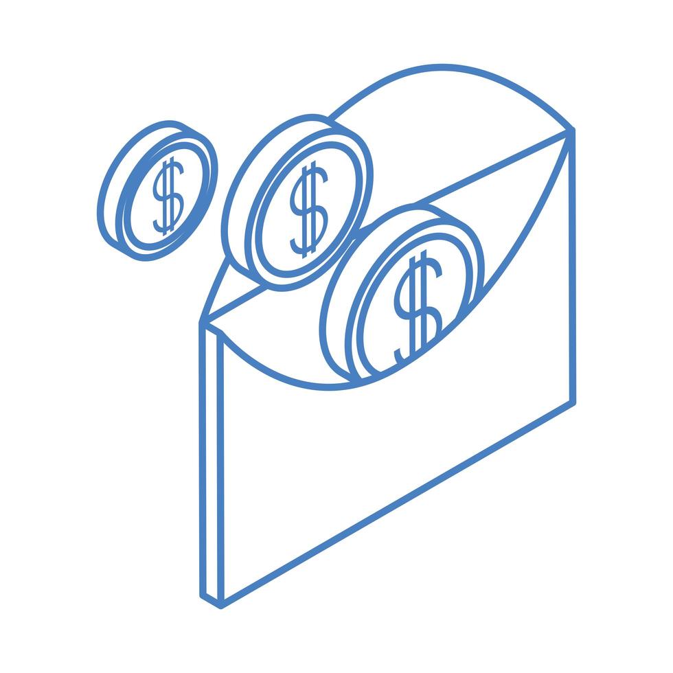 Monedas de moneda en efectivo dinero isométrico en ahorro de sobres aislado sobre fondo blanco icono azul lineal vector