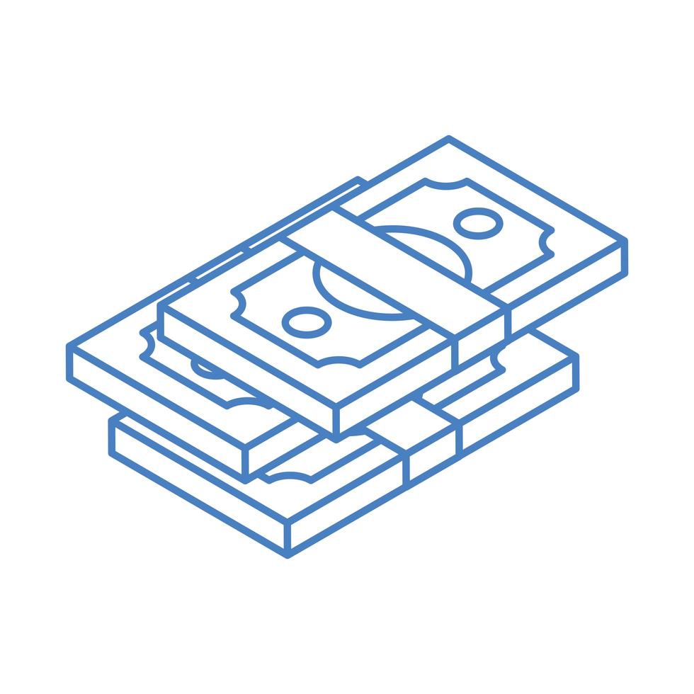 isometric money cash currency stacked banknotes isolated on white background linear blue icon vector