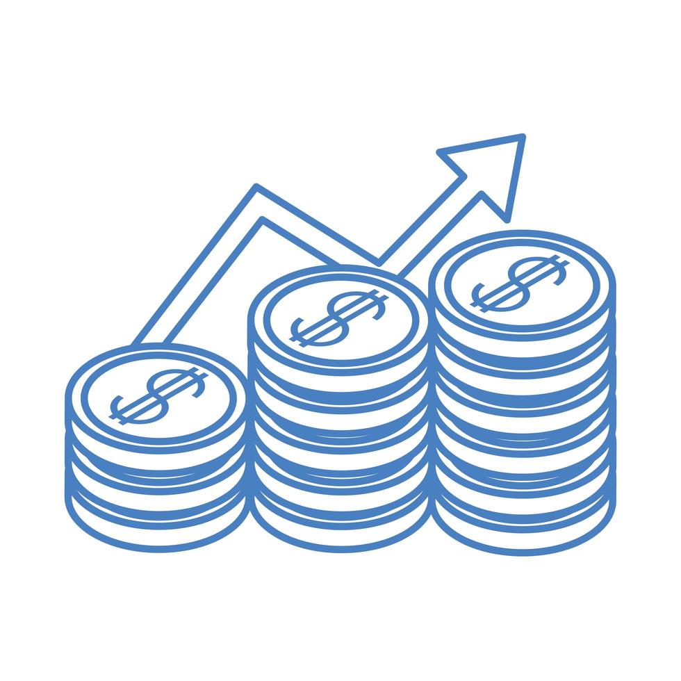 isometric money cash currency profit arrow coins chart isolated on white background linear blue icon vector