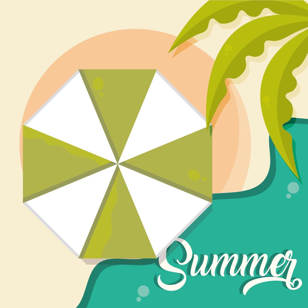hello summer travel and vacation season umbrella beach sand sea lettering text banner vector