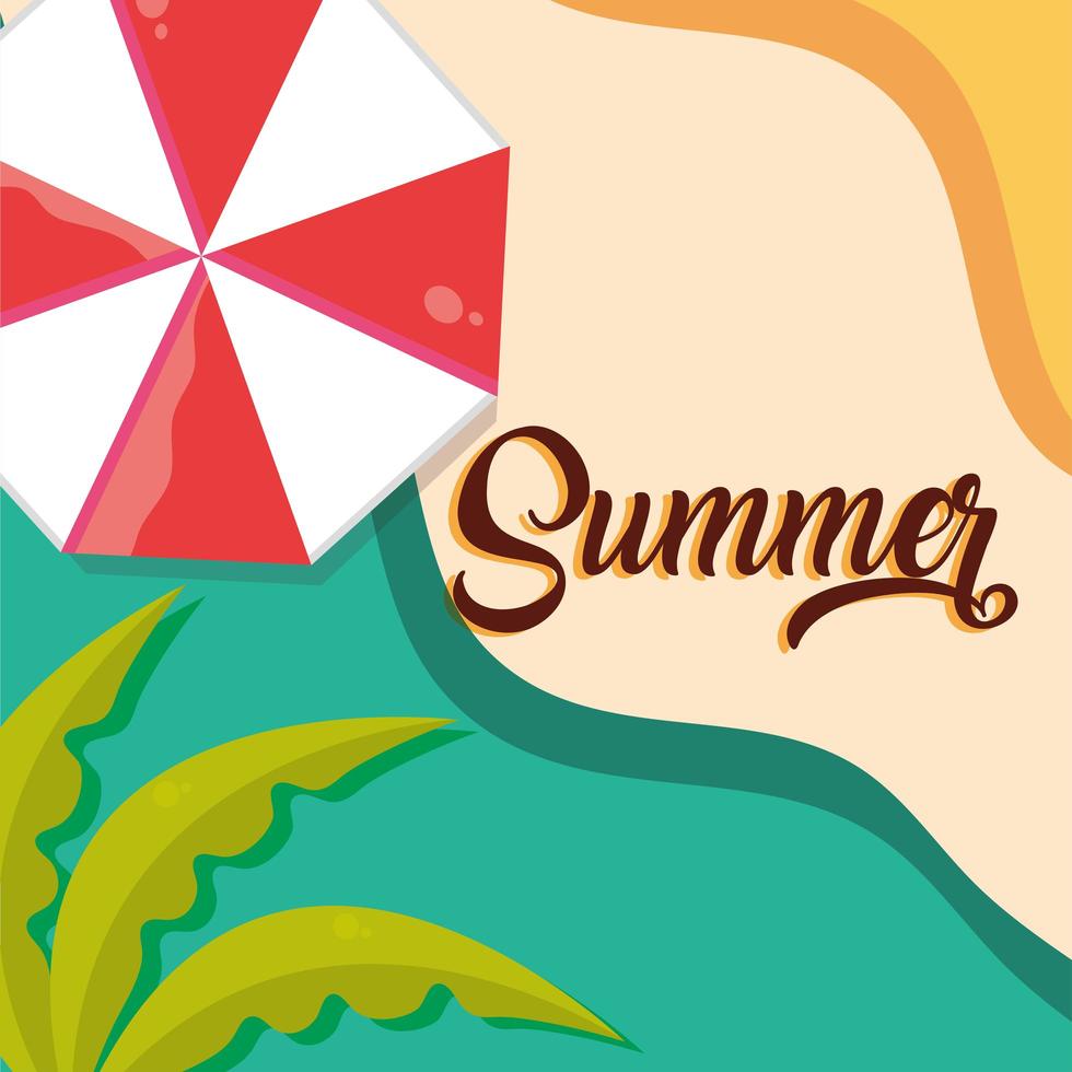 hello summer travel and vacation season umbrella beach sand ocean lettering text vector