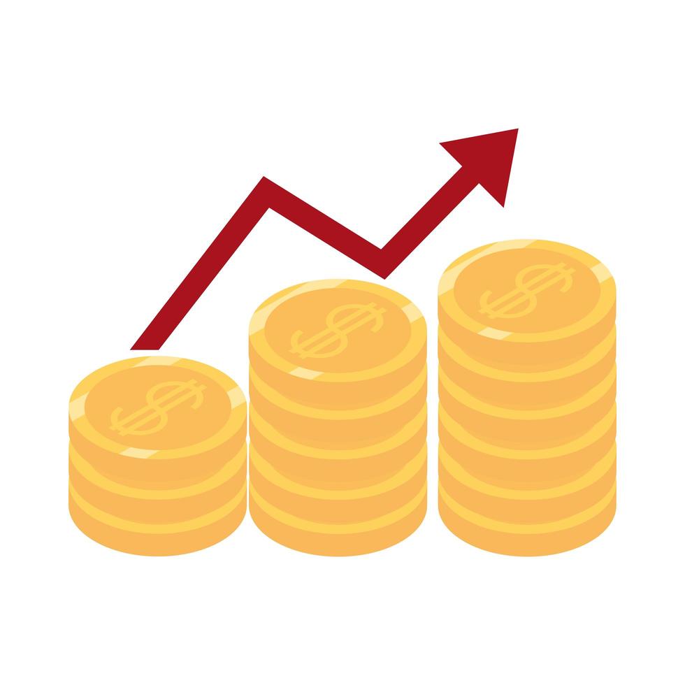 isométrico dinero efectivo moneda ganancia flecha monedas gráfico aislado sobre fondo blanco icono plano vector