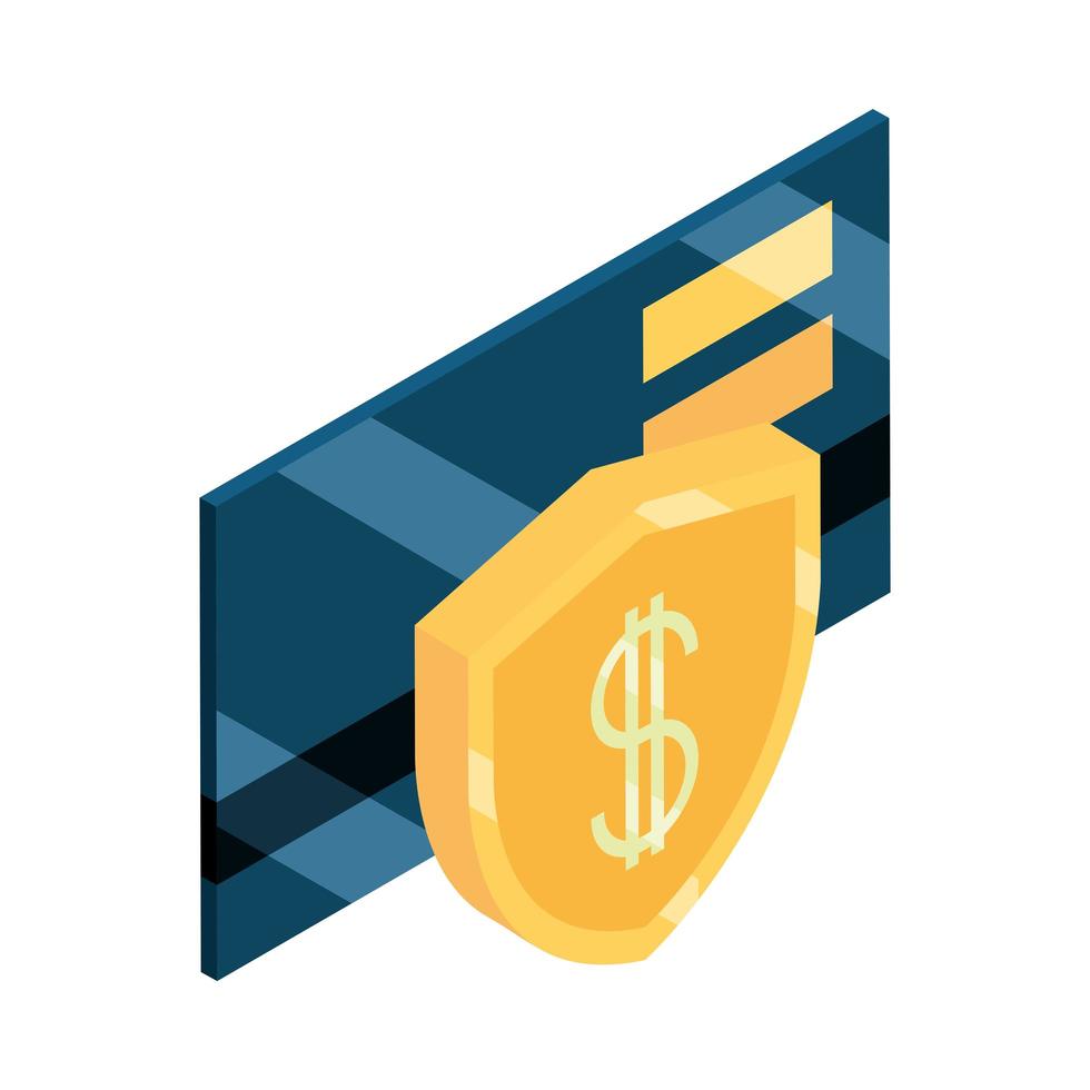 Protección de tarjeta de crédito bancaria moneda en efectivo dinero isométrico aislado sobre fondo blanco icono plano vector