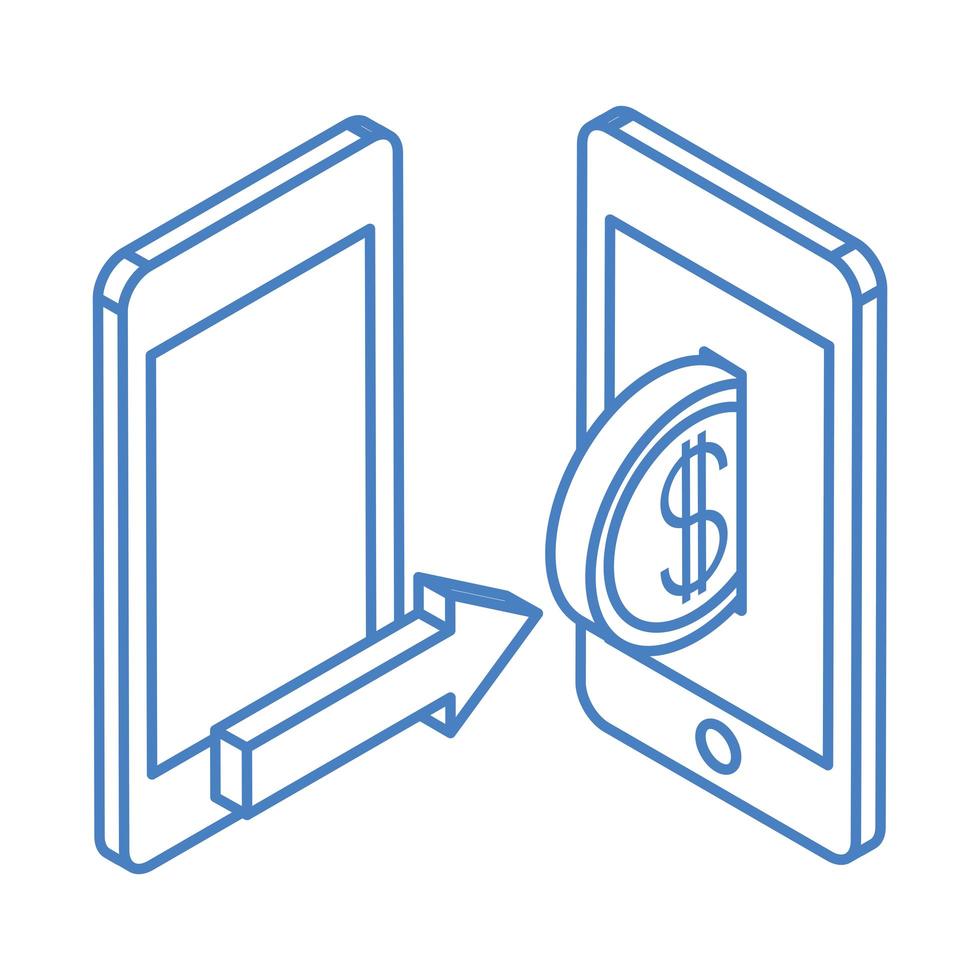 Transferencia de teléfono inteligente de moneda en efectivo de dinero isométrico aislado sobre fondo blanco icono azul lineal vector