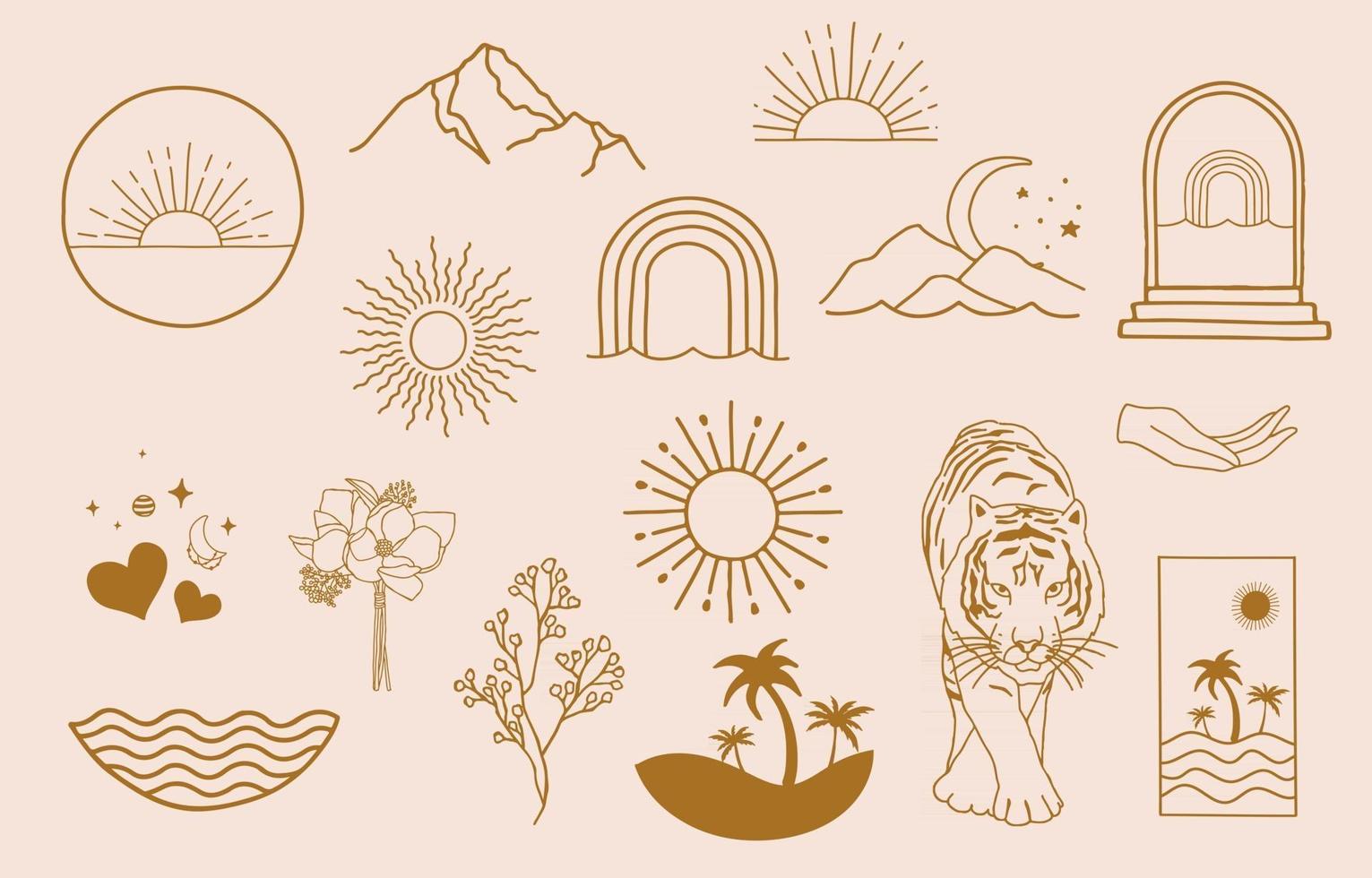 Collection of line design with sun vector