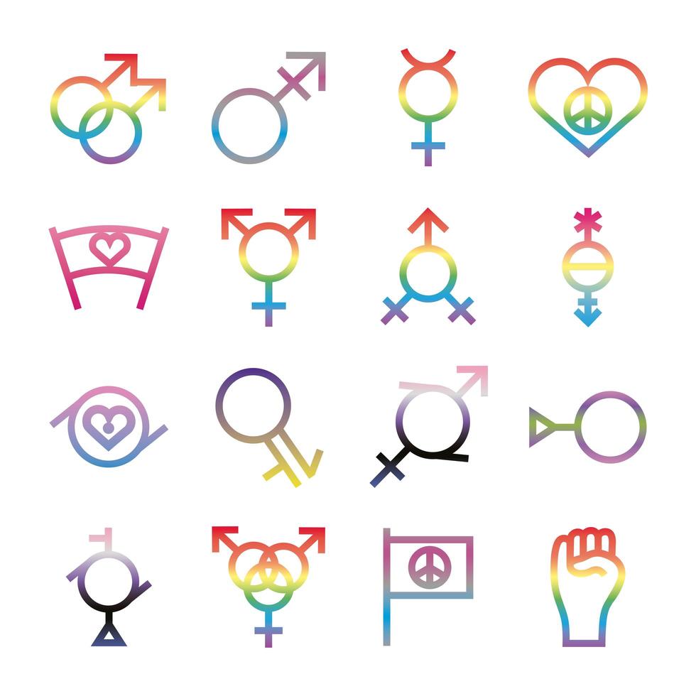 bundle of sixteen gender symbols of sexual orientation gradient style icons vector