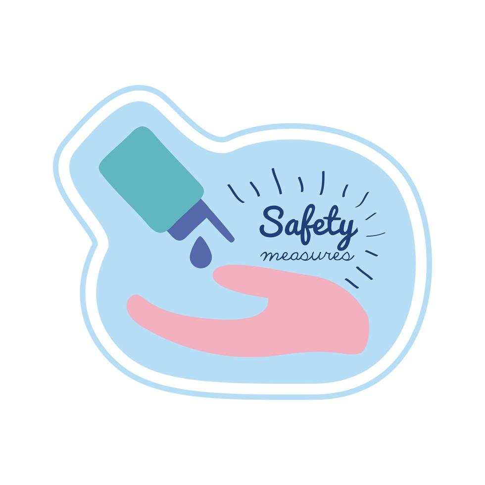 safety lettering campaign with hand and antibacterial soap bottle vector