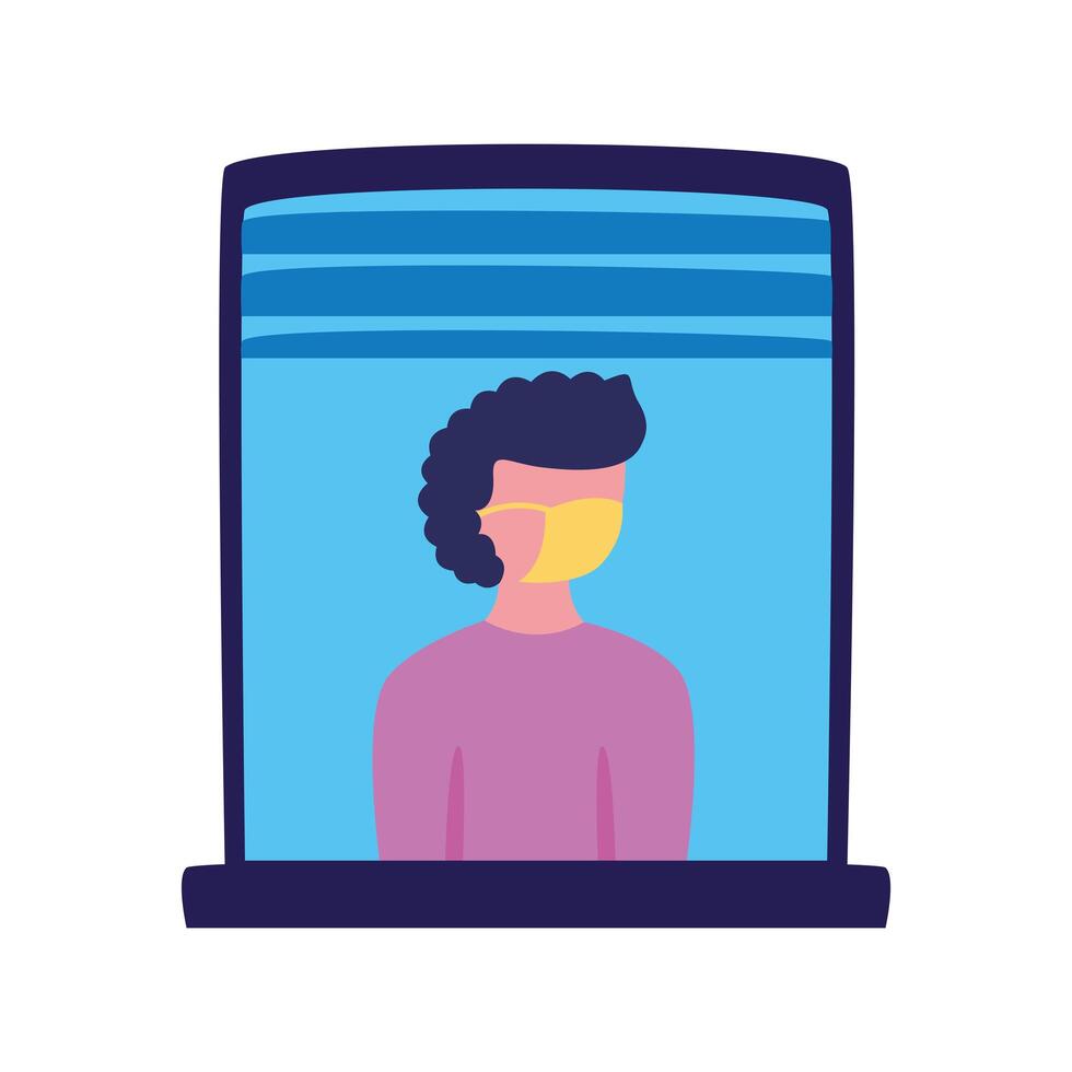 man wearing medical mask in house window character vector