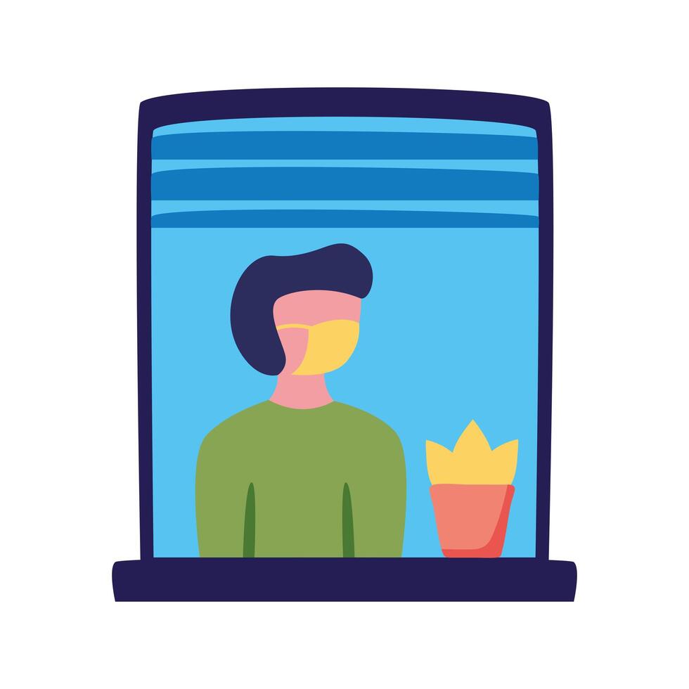 man wearing medical mask in house window character vector