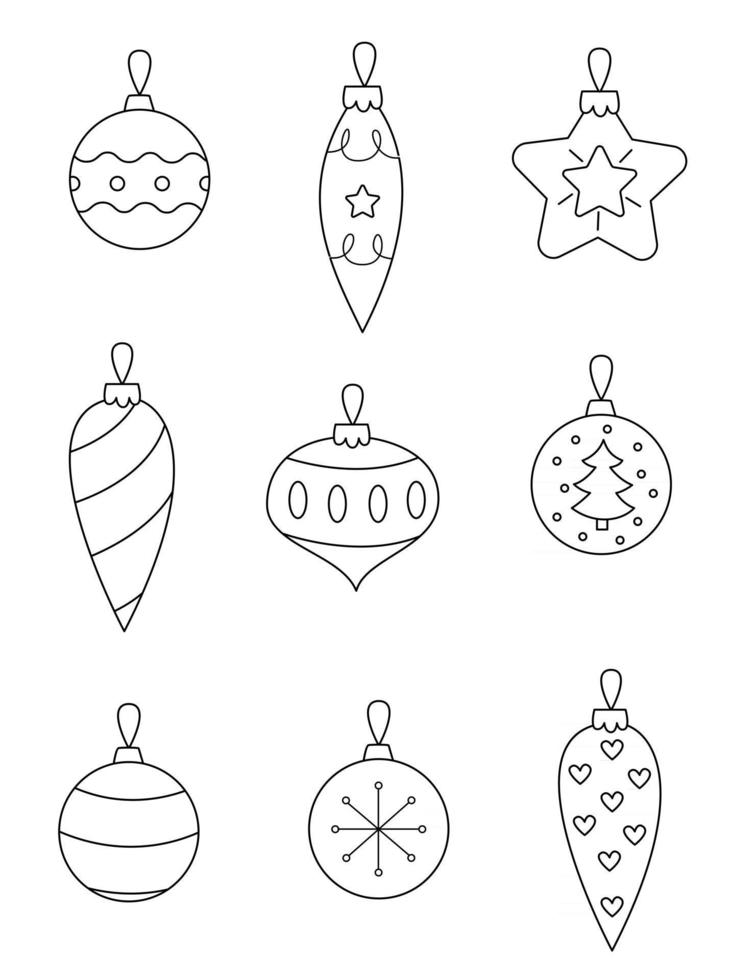 Conjunto de ilustraciones de vectores de bolas de Navidad en blanco y negro