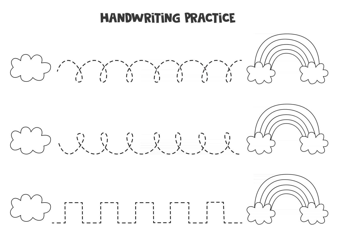 Tracing lines with black and white cloud and rainbow Writing practice vector