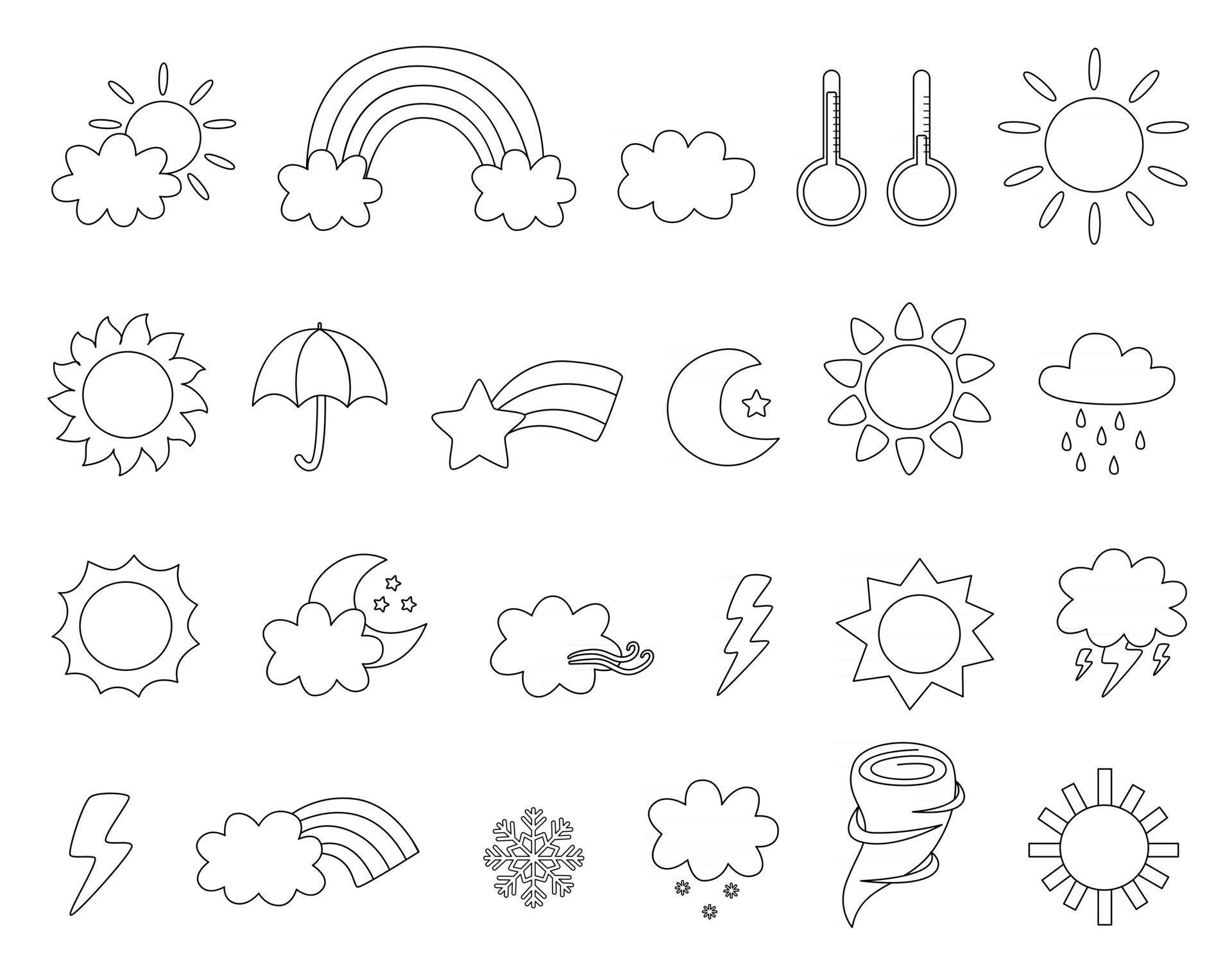 Set of cute black and white weather icons Coloring page for kids