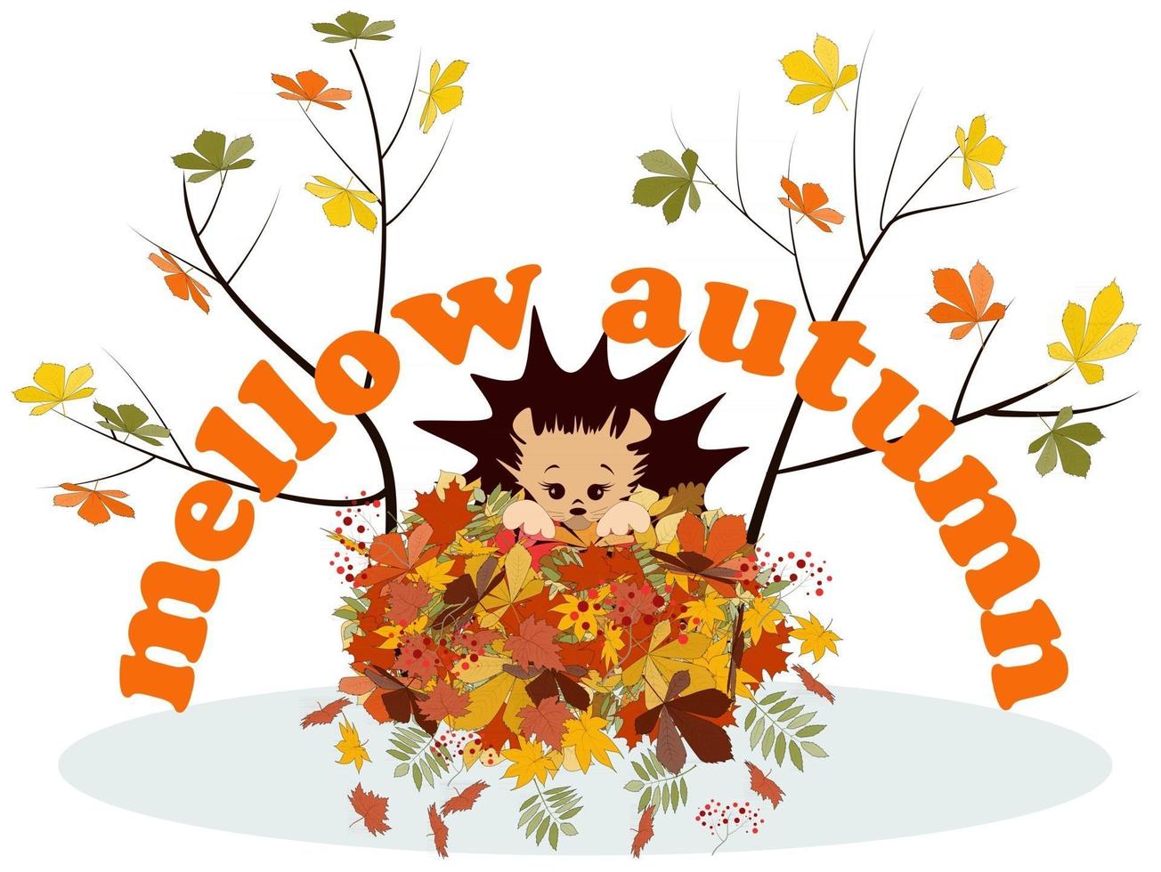 Vector image of a hedgehog in a pile of autumn foliage