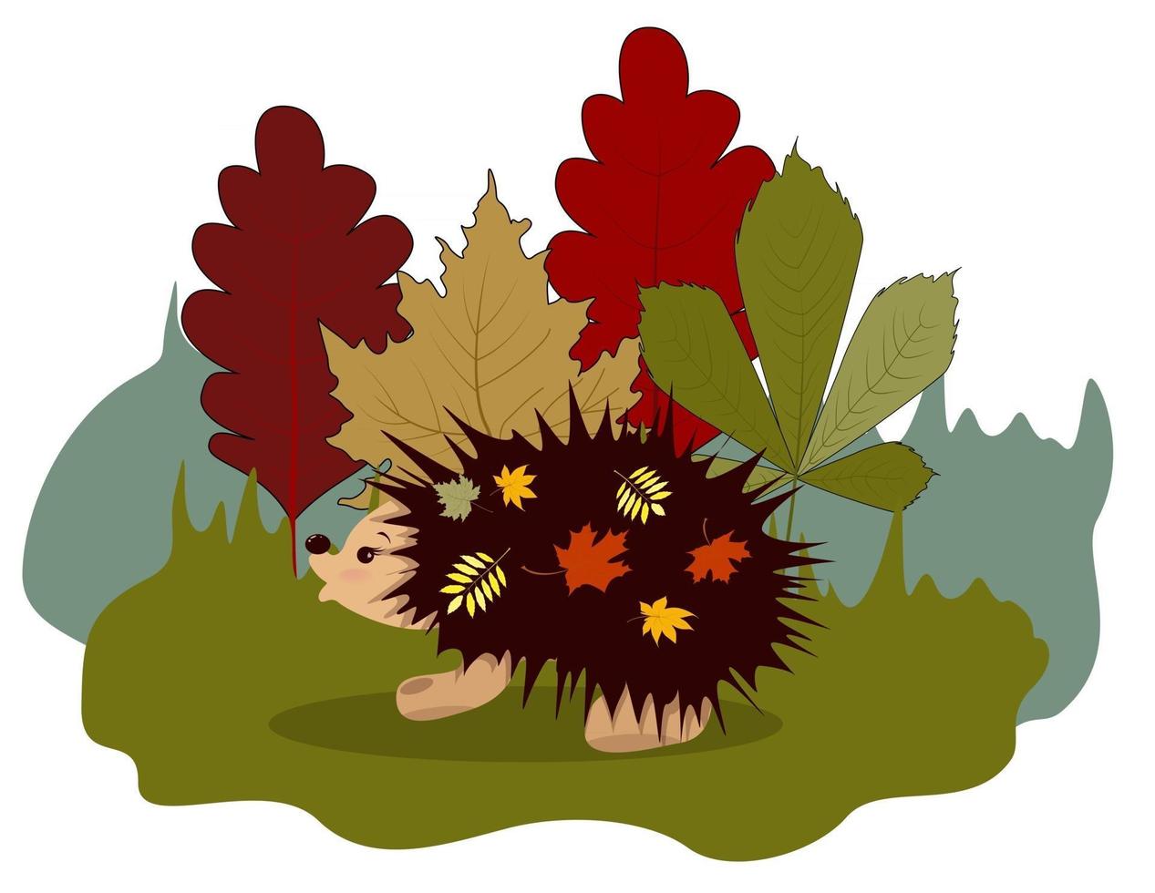 Vector image of a hedgehog walking on a forest lawn