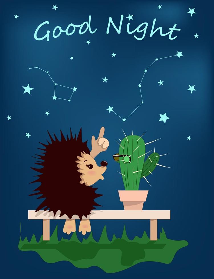 Imagen vectorial de un erizo con un cactus en un banco bajo el cielo estrellado. vector