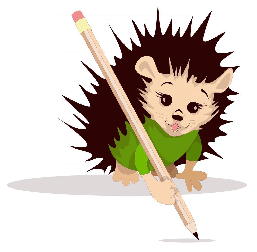 Vector image of a hedgehog with a pencil from a series of illustrations with a hedgehog