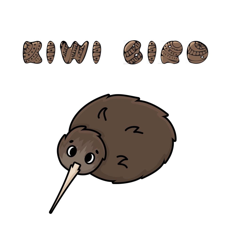 Vector outline doodle kiwi with cartoon text Isolated illustration of brown flightless bird animal sitting on the ground on white background