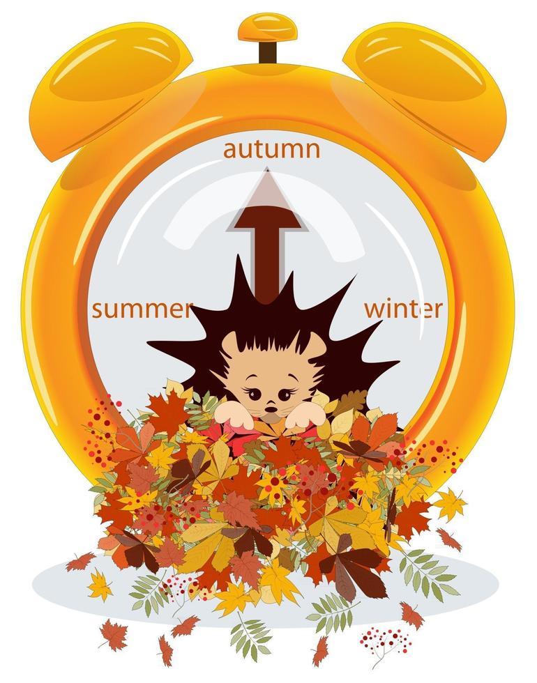 Vector image of a hedgehog in a pile of autumn foliage