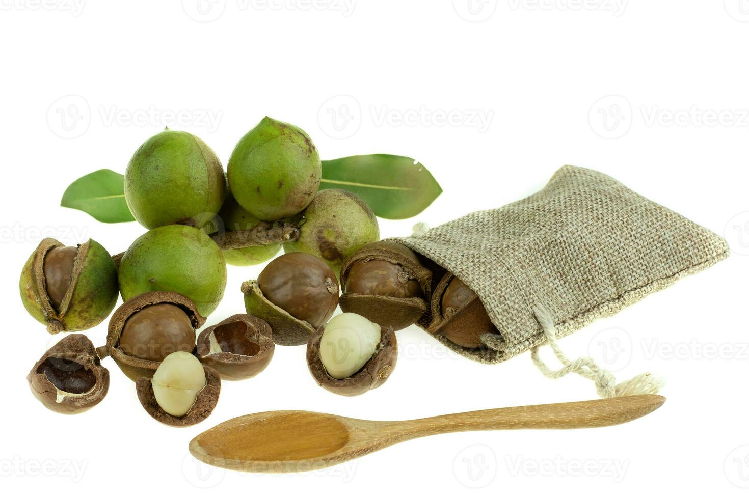 Group of peeled and unpeeled macadamia nuts in sack bag at white background photo