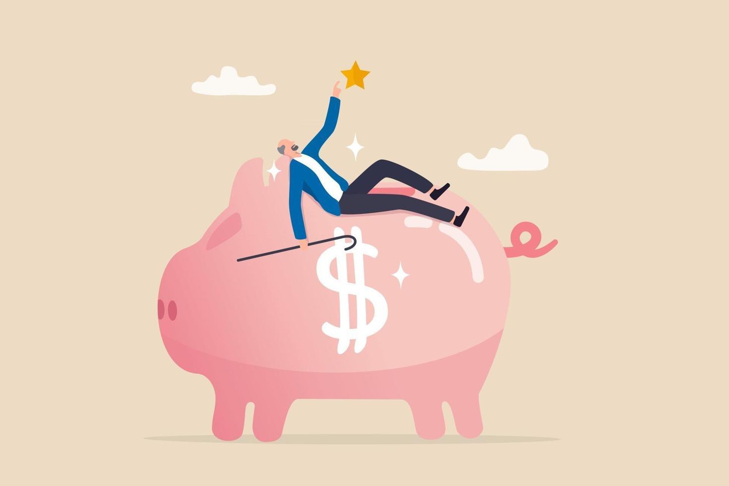 Pension plan for senior retiree retirement savings fund IRA Roth or 401K wealth management for elderly concept happy elderly old man relax lay down on wealthy piggy bank pension fund vector