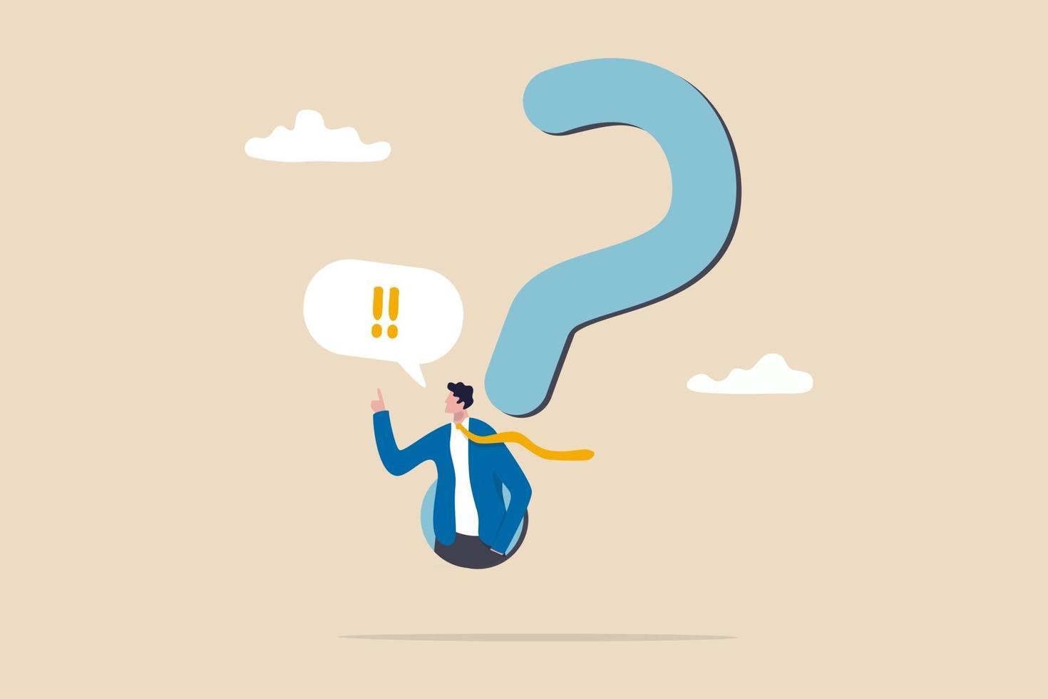 Answer business question determination or sill and decision to solve problem FAQ frequently asked questions concept determination businessman comes out from question mark sign to answer question vector
