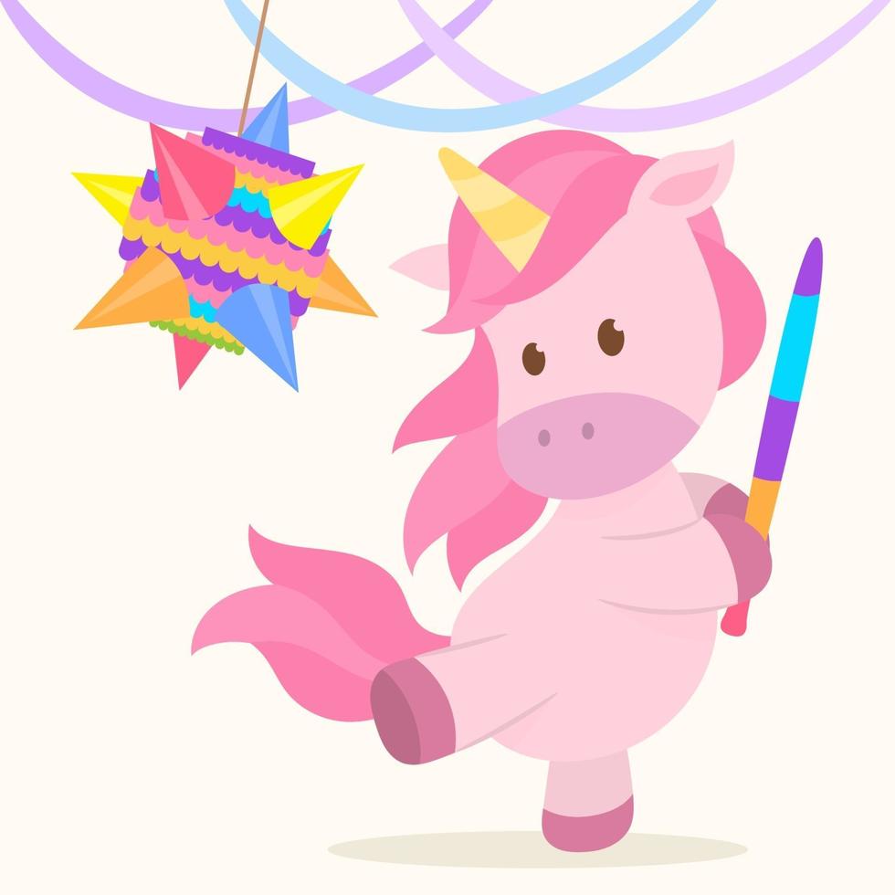 lindo unicornio golpea una piñata vector