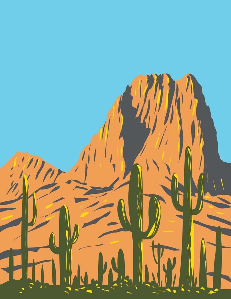 Saguaro Cactus with Beehive Peak in Tucson Mountains Located Within the Saguaro National Park in Arizona WPA Poster Art vector